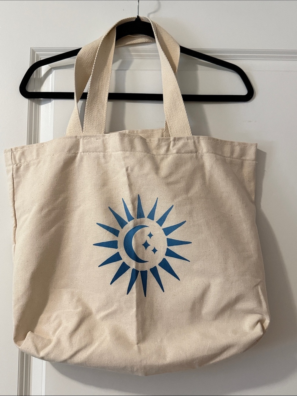 Canvas Tote Bag with Blue Sun & Moon Graphic - Natural